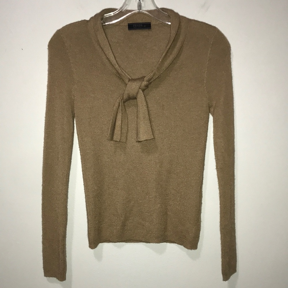 Prada Tan Cashmere Sweater Tie Front Detail 6
